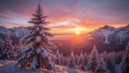 Snow-covered pine trees in a mountain landscape during sunset or sunrise. Scenic view of winter nature with vibrant sky.