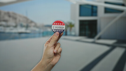 Hand holding voting badge on seaside promenade with modern building background symbolizes civic...