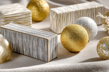 Minimalist composition of New Year decorations, showcasing sleek boxes and delicate ornaments on a soft fabric surface, gentle ambient lighting creates a serene mood