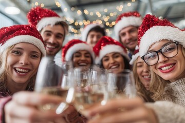 Brightly lit office party scene with festive decorations, colleagues smiling and raising glasses for toasts, engaging in team games, cheerful atmosphere