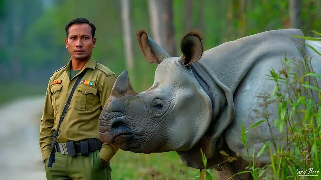 Endangered species conservation in wildlife sanctuaries, rangers protecting rhinos from poachers, lush jungle habitat, biodiversity preservation urgency, natural green palettes, re