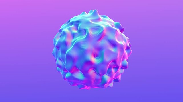 A 3D-rendered sphere featuring a bumpy texture with pink and blue hues dominates the image. The surface lacks distinct features, enhancing its minimalist and abstract appearance