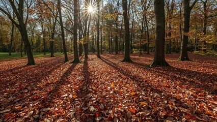 Autumn forest with fallen leaves on the ground, trees casting shadows, sunlight shining through the branches. Nature and seasonal change, outdoor scenery. The fall atmosphere.