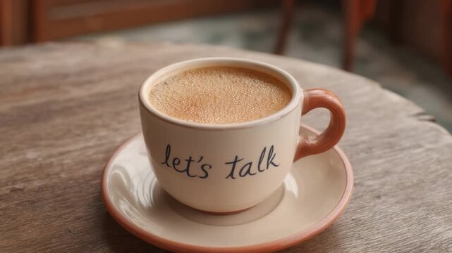 Cozy Coffee Cup with Let's Talk Phrase on a Rustic Table with Natural Lighting for Conversation Inspiration 4k video footage