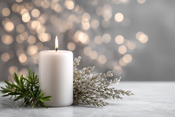 Simple New Year's composition with one elegant evergreen sprig, a flickering candle, and ample negative space, bright soft lighting creating a serene festive mood