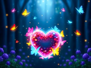 Glowing heart surrounded by colorful butterflies in a magical forest.