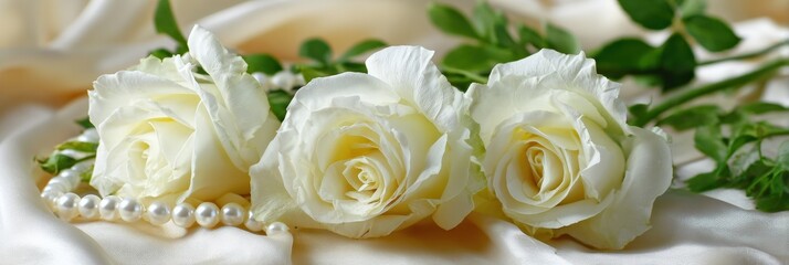 Obraz premium Elegant white roses with pearls on satin fabric