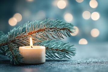 Simple New Year's composition with one elegant evergreen sprig, a flickering candle, and ample negative space, bright soft lighting creating a serene festive mood