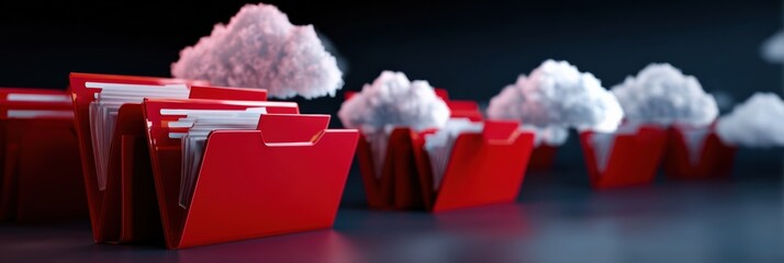 Cloud computing with red file folders representing data storage and organization