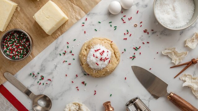Baking scene with a cookie topped with frosting and sprinkles, surrounded by ingredients like eggs, butter, sugar, and baking tools. - Powered by Adobe