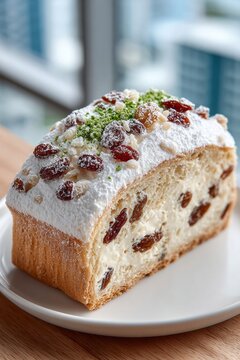 Deliciosa rebanada de stollen con pasas y almendras vista en una mesa con fondo urbano