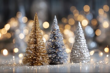 Soft-focus bokeh lights in warm gold and silver hues, with silhouetted Christmas trees and shimmering sparkles creating a festive atmosphere