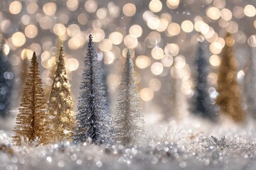 Soft-focus bokeh lights in warm gold and silver hues, with silhouetted Christmas trees and shimmering sparkles creating a festive atmosphere