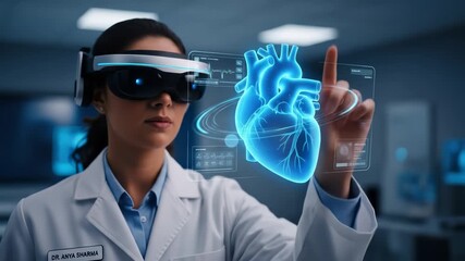 Female doctor using virtual reality headset interacts with hologram heart hospital, showcasing medical technology innovation and futuristic - Powered by Adobe