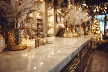 Charming boutique with elegant holiday decor, warm golden lighting reflecting off polished surfaces, and a stylish POS terminal enhancing the festive mood