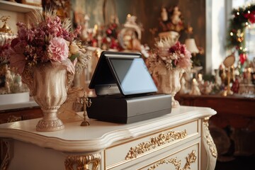 Charming boutique with elegant holiday decor, warm golden lighting reflecting off polished surfaces, and a stylish POS terminal enhancing the festive mood