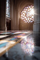 Fototapeta premium Sunlight streaming through stained glass in a gothic cathedral interior