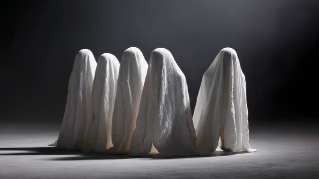 Mysterious group of figures covered in white sheets standing in a dark, empty room, with one individual figure slowly separating and moving away from the others, symbolizing solitude and alienation