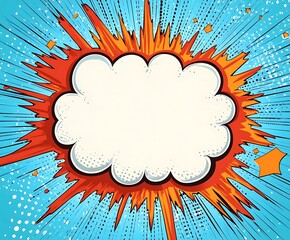Comic-style explosion with white speech bubble on a colorful dotted background. Pop art template for poster, banner, greeting card, invitation