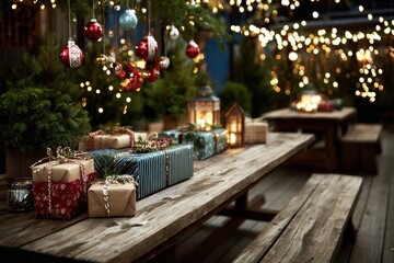 Brightly lit outdoor setting with a rustic wooden table, displaying kraft-wrapped presents, colorful reusable ornaments, and a backdrop of greenery, celebrating an eco-conscious New Year