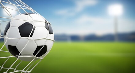 Soccer ball hits the net in a goal scoring moment