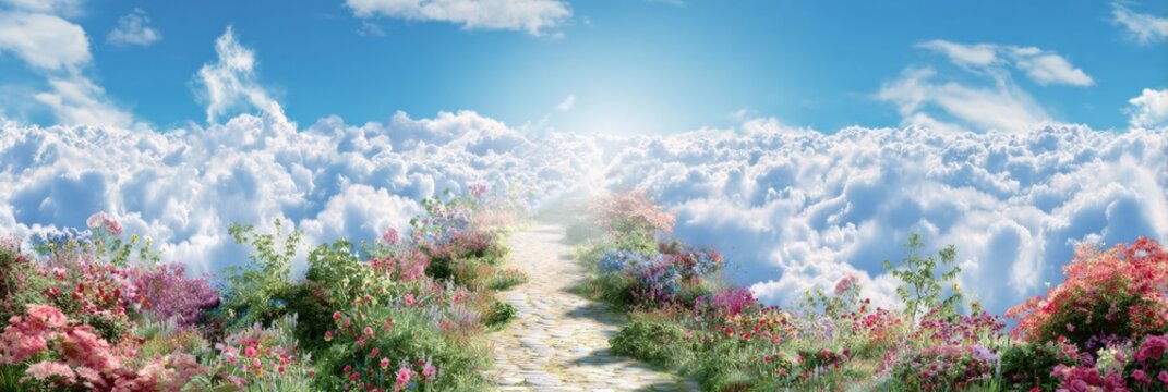 Heavenly pathway through clouds and colorful blooming garden under blue sky