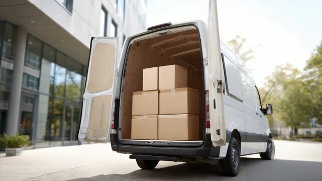 White commercial delivery van parked on a city street with its rear doors open, revealing a load of cardboard boxes ready for shipment to a business or residence in an urban setting