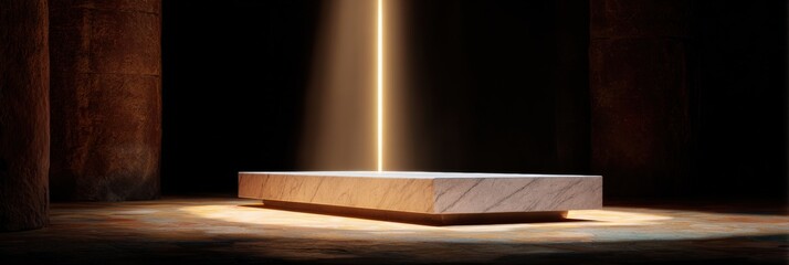 Mysterious lit marble altar in dark ambient setting with dramatic light