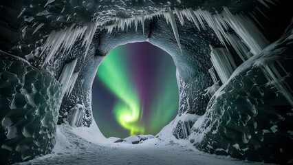 Dramatic aurora borealis illuminates an enchanting ice cave, creating a stunning winter wonderland adventure scene perfect for travel and nature lovers