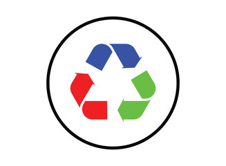 recycle symbol on white background, A colorful recycling symbol with arrows in red green and blue inside a circle on a white background