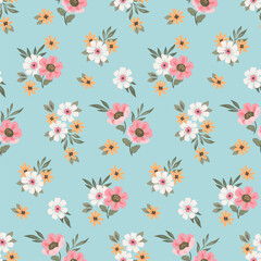 Seamless floral pattern, gentle ditsy print of simple cute plants. Pretty girly botanical design of small hand drawn flowers, tiny leaves, bouquets abstract on blue background. Vector illustration.