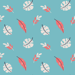 Seamless botanical pattern, retro style nature print of small hand drawn tropical plant leaves. Stylish floral design of tiny foliage, palm leaves, monstera on blue background. Vector illustration.