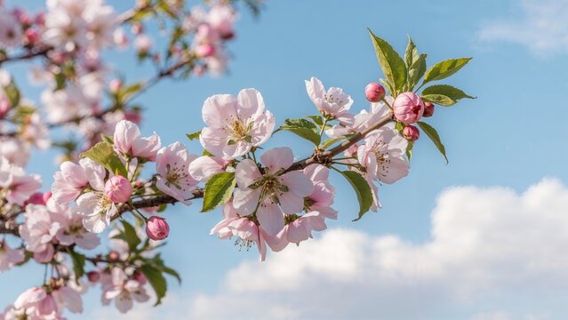 Blooming cherry blossoms with pink flowers on a branch, blue sky, and clouds.
