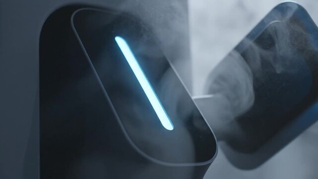 Closeup of a sleek modern device with a vibrant blue glowing light