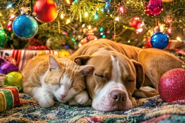 A dog and cat snuggled together under a brightly lit Christmas tree, surrounded by colorful ornaments and gifts, radiating warmth and holiday cheer