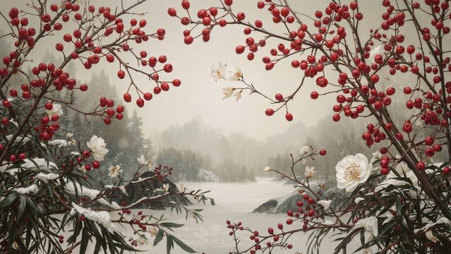 A winter landscape with snow-covered branches and red berries, featuring a river and distant mountains. Nature scene with snow, berries, and tranquil water.