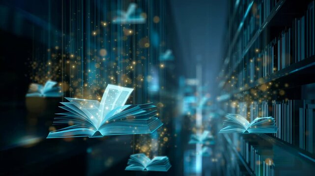 bookshelves in library, modern library with digital catalog