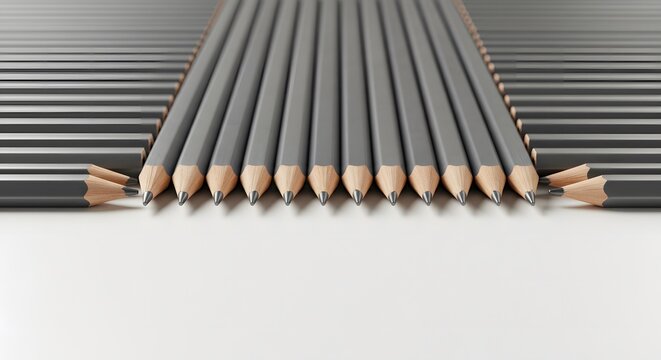 row of twelve gray graphite writing instruments for education websites school supply banners and corporate office presentations, with copy space