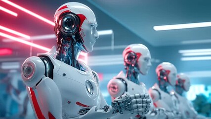 Futuristic AI robots assisting elderly in daily tasks, highlighting ethical concerns of job displacement and privacy invasion, sleek metallic designs in a modern home setting, neon