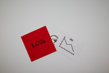 Silver 1oz coin with declining chart and “LOSS” note symbolizing falling silver prices, market downturn, and investment decisions.
