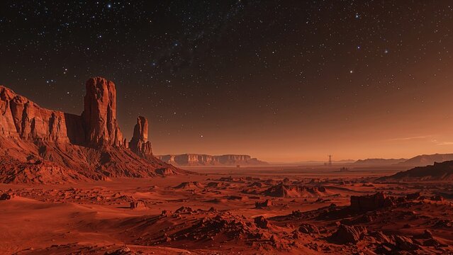 Desert landscape on Mars under a starry night sky with reddish terrain and rock formations.