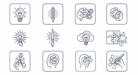 Collection of icons representing creativity innovation and problem solving concepts.