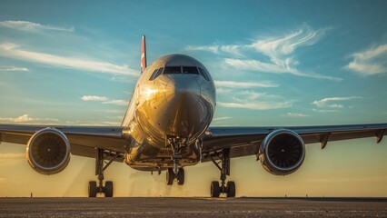 Naklejka premium Golden airplane on runway during sunset with sky and clouds. Aircraft, transportation, travel. The image of airplane from front view.