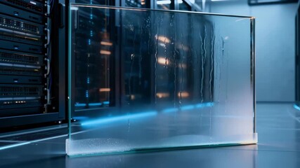 Medium shot of advanced insulation glass panel showcasing superior thermal properties in a hightech data center environment