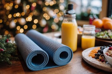 Cozy home workout scene with soft lighting, featuring yoga mats and nutritious meals on a table, complemented by a decorated holiday tree