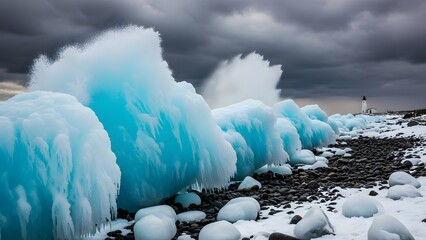 Dramatic turquoise ice formations line a snow-covered shore with a lighthouse in the distance under stormy skies, showcasing nature's raw beauty