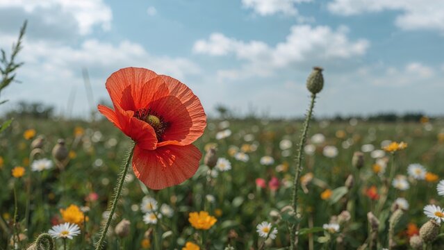 Single flower, poppy, blooming in a field with colorful flowers under a bright sky.