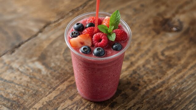 Fresh berry smoothie topped with mixed berries and mint, served in a glass on a wooden surface.