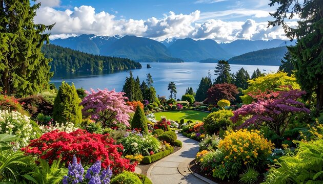 Lush, colorful floral garden leads to a lake vista, framed by evergreen trees and mountains under a blue sky