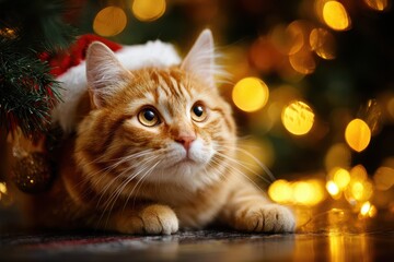 A curious cat adorned with a Santa hat lounges near a sparkling Christmas tree, soft golden lights reflecting off shiny ornaments, evoking a joyful mood